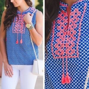 J. Crew Factory Printed Embroidered Tassel Top - Sz 10